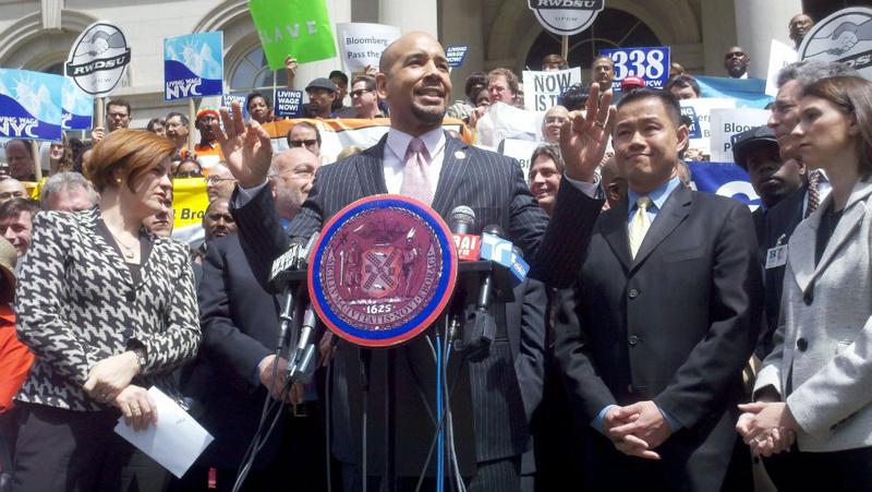 Bronx Borough President Ruben Diaz, Jr. speaks in support of a living wage bill.